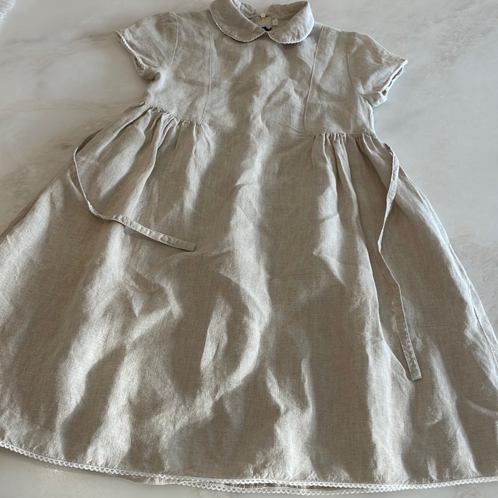 Special Day Sweet Classic Girls Short Sleeve Oat Colored Linen Dress-Size 5